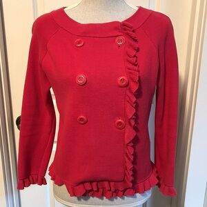 J Crew Classic Lady Cardigan Katie in Strawberry Red double breasted ruffles